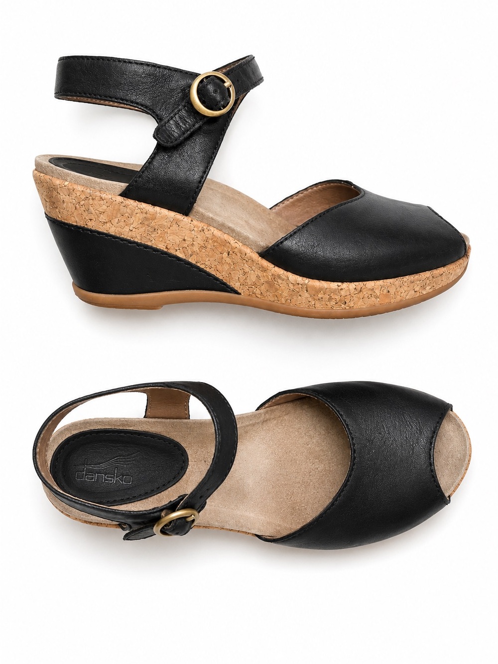 Dansko Charlotte Leather Cork Wedge Sandals Black EU 36 (US 5.5-6)
